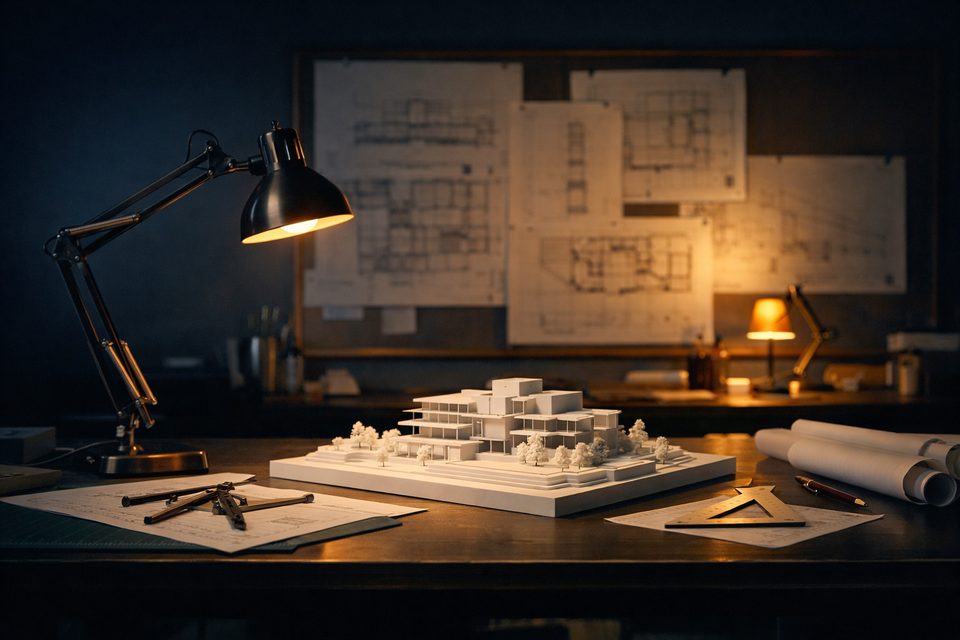 An architecture studio with drawings, a scale model and drafting tools