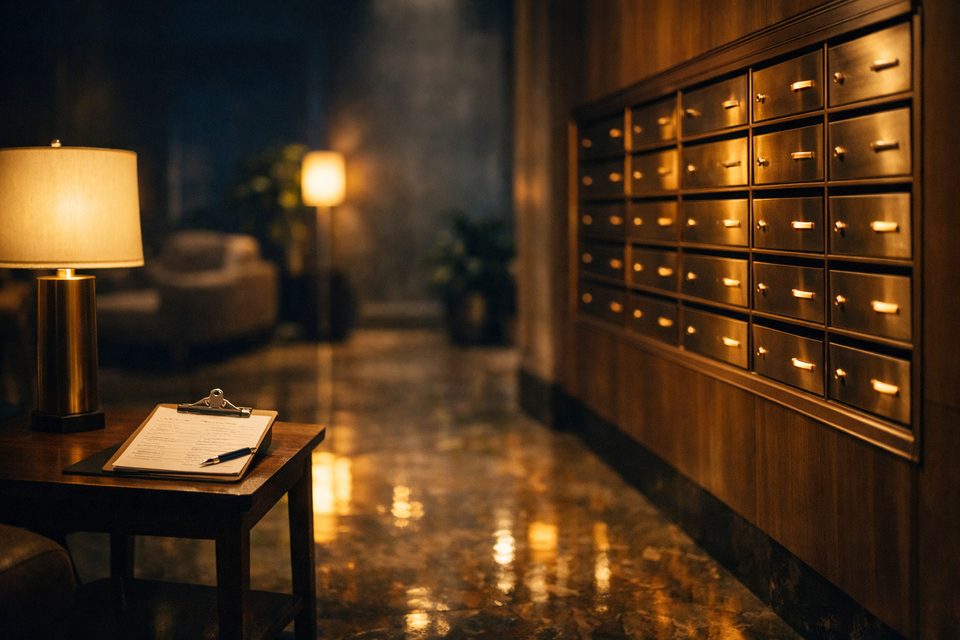 Portal de un edificio con buzones de latón y una carpeta de notas