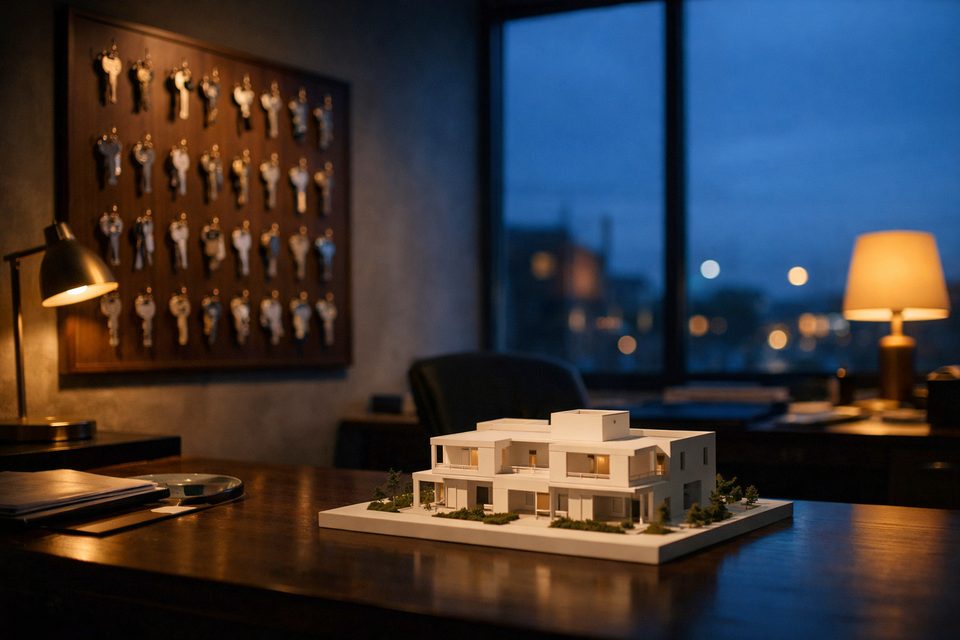A real estate office with a key board and a building scale model