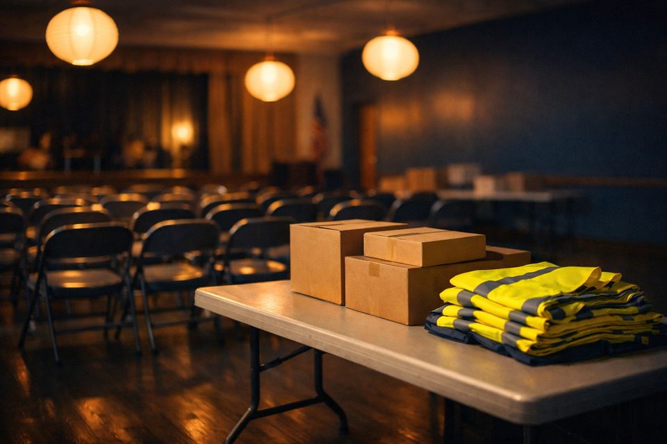 An association hall with folding chairs, boxes and volunteer vests